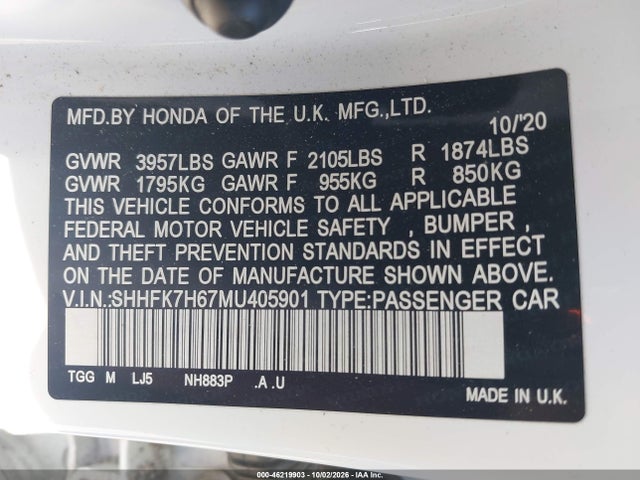 SHHFK7H67MU405901 Honda CIVIC EX