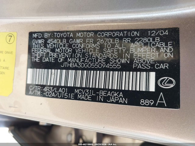 Продажа на аукционе авто 2005 Lexus Es 330, vin: JTHBA30G055094555, номер лота: 46219909