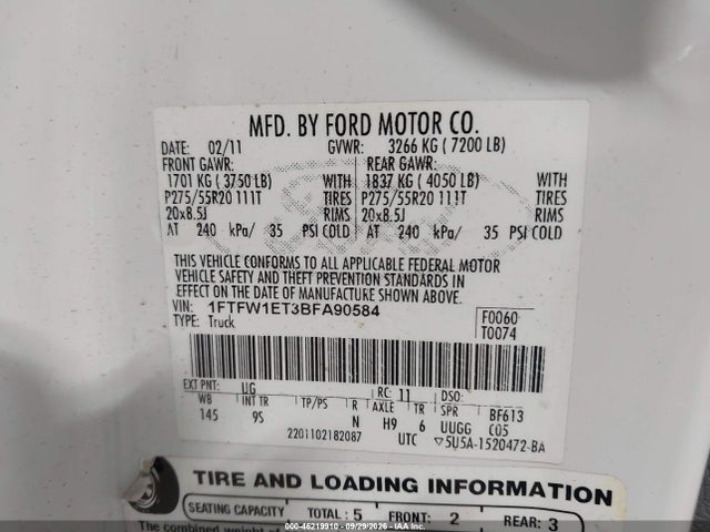 Aukcja sprzedaży 2011 Ford F-150 Platinum, vin: 1FTFW1ET3BFA90584, numer aukcji: 46219910