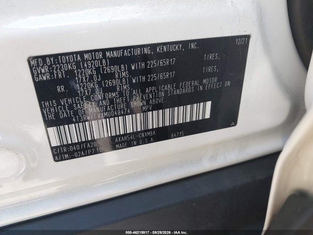 46219917 :رقم المزاد ، 4T3RWRFVXMU048474 vin ، 2021 Toyota Rav4 Hybrid Xle مزاد بيع