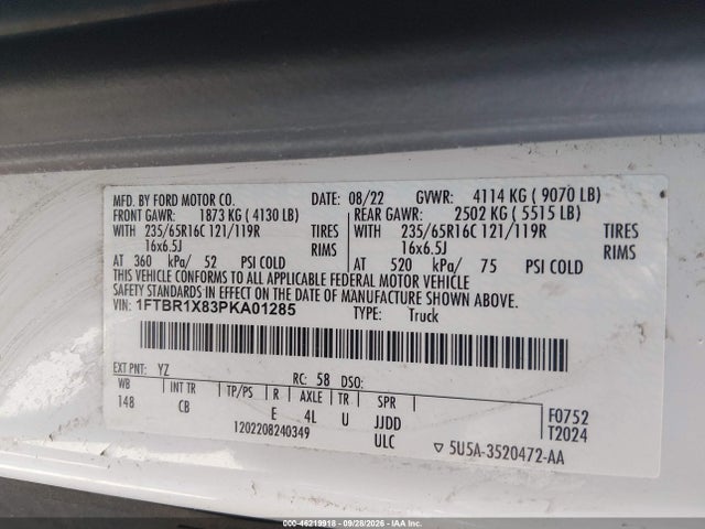 46219918 :رقم المزاد ، 1FTBR1X83PKA01285 vin ، 2023 Ford Transit-250 مزاد بيع