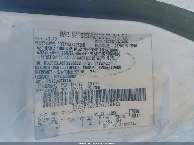 46219931 :رقم المزاد ، 1FAFP52U82G216682 vin ، 2002 Ford Taurus Lx مزاد بيع