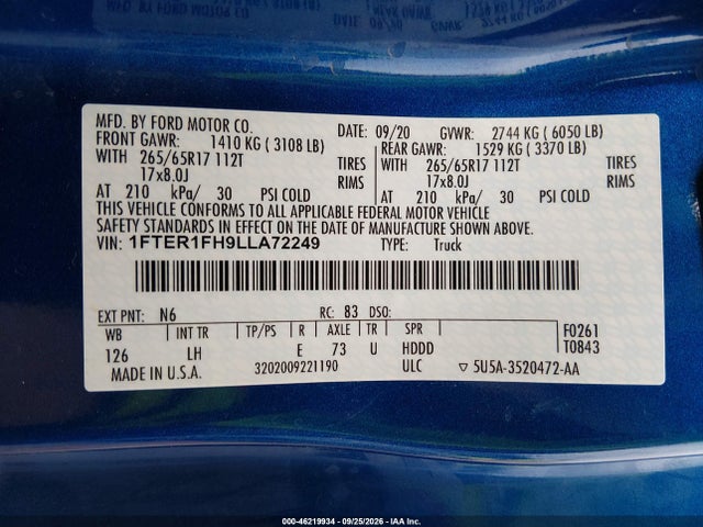 2020 Ford Ranger Xl მანქანა იყიდება აუქციონზე, vin: 1FTER1FH9LLA72249, აუქციონის ნომერი: 46219934