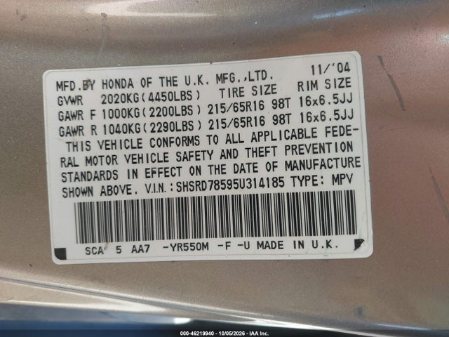 46219940 :رقم المزاد ، SHSRD78595U314185 vin ، 2005 Honda Cr-v Lx مزاد بيع