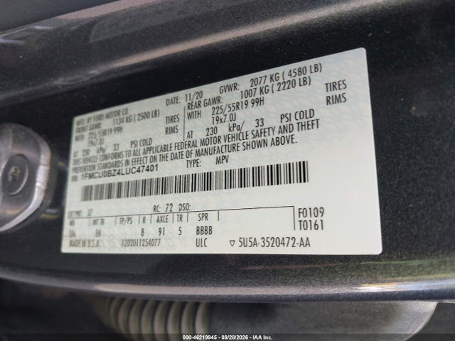 2020 Ford Escape Se Sport Hybrid მანქანა იყიდება აუქციონზე, vin: 1FMCU0BZ4LUC47401, აუქციონის ნომერი: 46219945