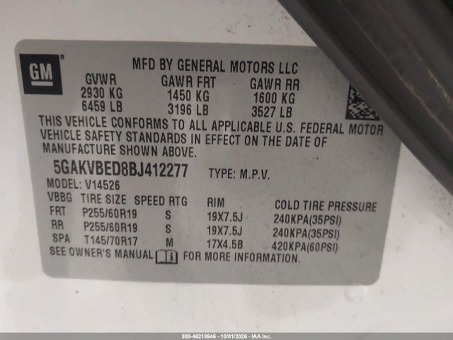 46219946 :رقم المزاد ، 5GAKVBED8BJ412277 vin ، 2011 Buick Enclave 1xl مزاد بيع
