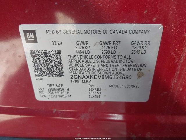 Aukcja sprzedaży 2021 Chevrolet Equinox Fwd Lt, vin: 2GNAXKEV8M6134680, numer aukcji: 46219949