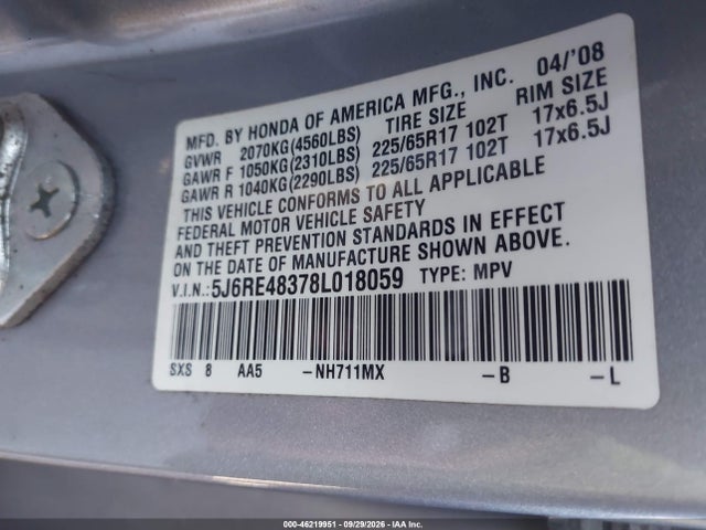 Продаж на аукціоні авто 2008 Honda Cr-v Lx, vin: 5J6RE48378L018059, номер лоту: 46219951