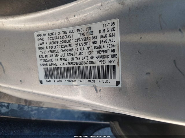 Aukcja sprzedaży 2006 Honda Cr-v Lx, vin: SHSRD685X6U402853, numer aukcji: 46219961