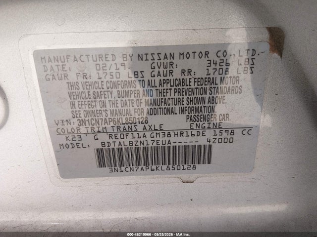 Nissan Versa 1.6 Sv 2019 3N1CN7AP6KL850128 Image 9
