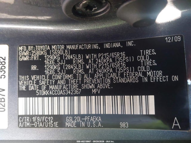 Aukcja sprzedaży 2010 Toyota Sienna Le, vin: 5TDKK4CC0AS342367, numer aukcji: 46219967