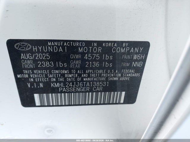 Продаж на аукціоні авто 2026 Hyundai Sonata Hybrid Blue, vin: KMHL24JJ6TA138531, номер лоту: 46219980