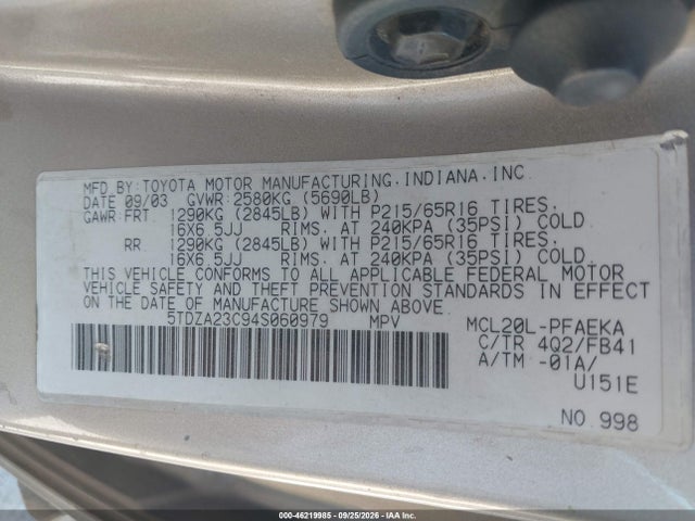 46219985 :رقم المزاد ، 5TDZA23C94S060979 vin ، 2004 Toyota Sienna Le مزاد بيع