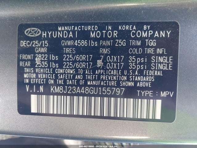 2016 Hyundai Tucson Se მანქანა იყიდება აუქციონზე, vin: KM8J23A48GU155797, აუქციონის ნომერი: 46219998