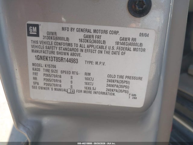 Aukcja sprzedaży 2005 Chevrolet Tahoe Ls, vin: 1GNEK13T85R144983, numer aukcji: 46219999