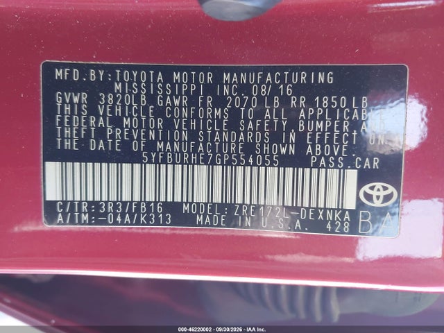 Aukcja sprzedaży 2016 Toyota Corolla Le Plus, vin: 5YFBURHE7GP554055, numer aukcji: 46220002