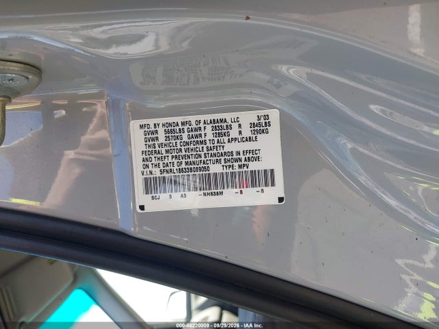 46220009 :رقم المزاد ، 5FNRL18633B089050 vin ، 2003 Honda Odyssey Ex مزاد بيع