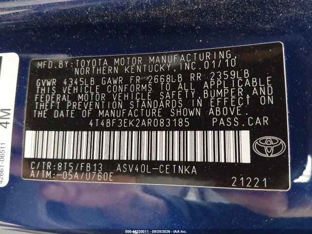 46220011 :رقم المزاد ، 4T4BF3EK2A8083185 vin ، 2010 Toyota Camry مزاد بيع