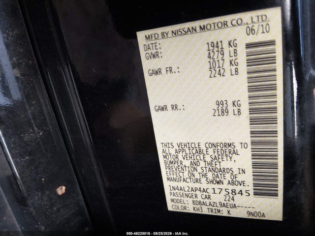 Продаж на аукціоні авто 2010 Nissan Altima 2.5, vin: 1N4AL2AP4AC175845, номер лоту: 46220016