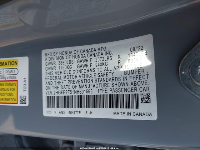 Honda Civic Sport 2022 2HGFE2F51NH601593 Image 9