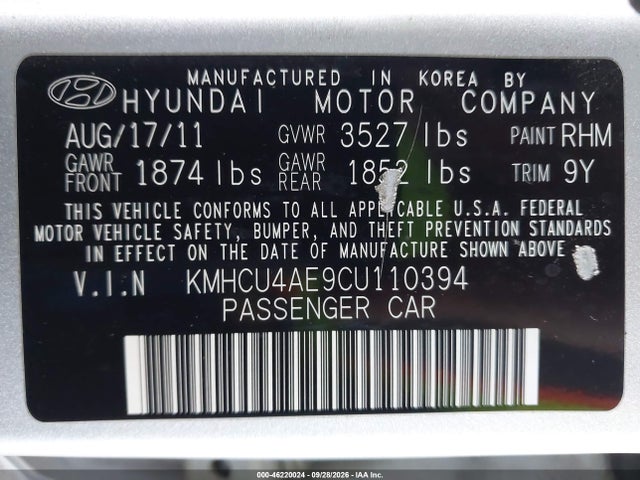 Aukcja sprzedaży 2012 Hyundai Accent Gls, vin: KMHCU4AE9CU110394, numer aukcji: 46220024