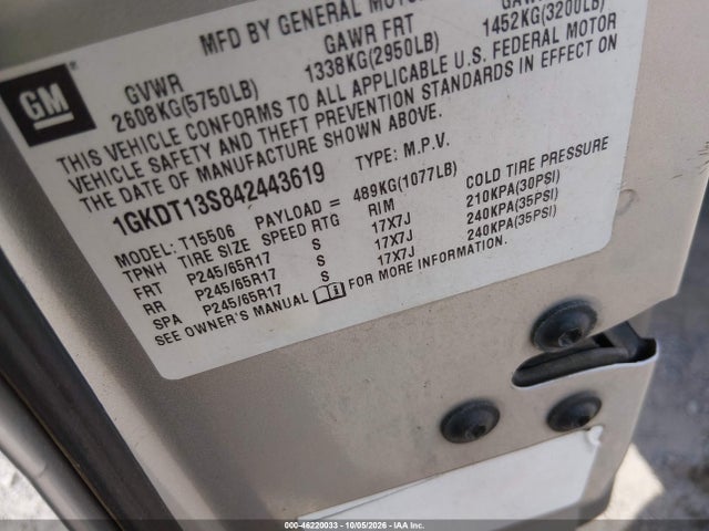 46220033 :رقم المزاد ، 1GKDT13S842443619 vin ، 2004 Gmc Envoy Sle مزاد بيع