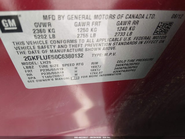 46220037 :رقم المزاد ، 2GKFLUE50C6380132 vin ، 2012 Gmc Terrain Slt-1 مزاد بيع