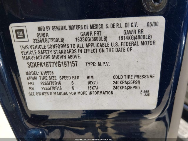 Aukcja sprzedaży 2000 Gmc Yukon Xl 1500 Slt, vin: 3GKFK16T7YG197157, numer aukcji: 46220038