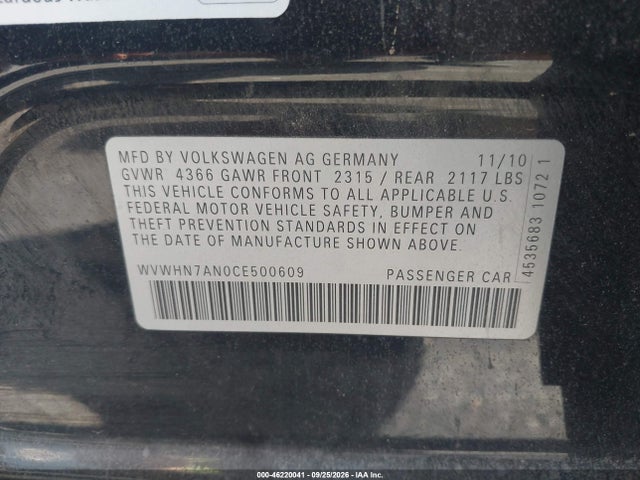 46220041 :رقم المزاد ، WVWHN7AN0CE500609 vin ، 2012 Volkswagen Cc Lux مزاد بيع