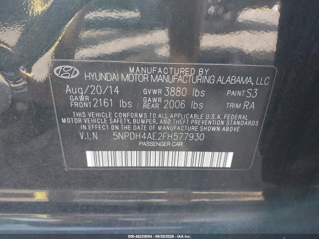 Aukcja sprzedaży 2015 Hyundai Elantra Se, vin: 5NPDH4AE2FH577930, numer aukcji: 46220054