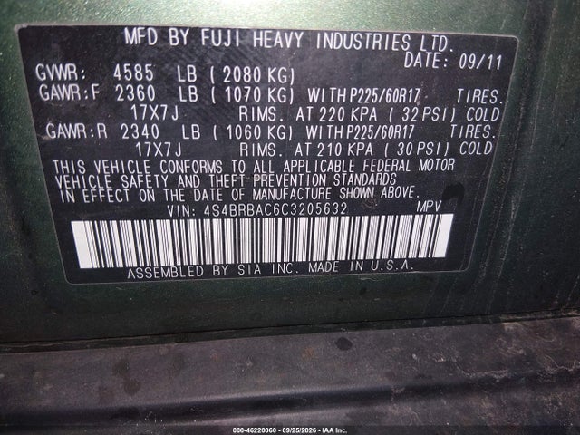 Aukcja sprzedaży 2012 Subaru Outback 2.5i, vin: 4S4BRBAC6C3205632, numer aukcji: 46220060