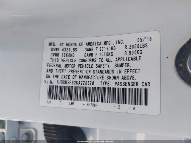 1HGCR2F52GA220828 Honda Accord Sport