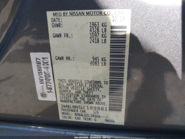 46220089 :رقم المزاد ، 1N4BL4BV1LC189881 vin ، 2020 Nissan Altima S Fwd مزاد بيع