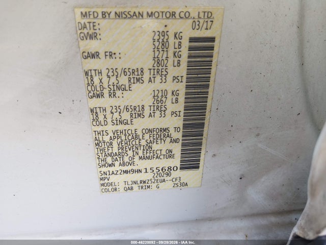Продаж на аукціоні авто 2017 Nissan Murano Sl, vin: 5N1AZ2MH9HN155680, номер лоту: 46220092