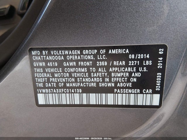 2015 Volkswagen Passat 1.8t Se მანქანა იყიდება აუქციონზე, vin: 1VWBS7A3XFC014139, აუქციონის ნომერი: 46220096