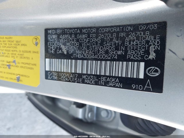 Продажа на аукционе авто 2004 Lexus Es 330, vin: JTHBA30G440005274, номер лота: 46220099