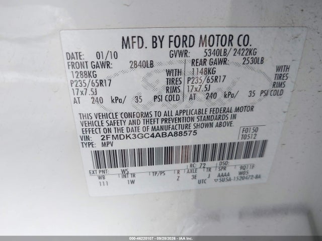 Aukcja sprzedaży 2010 Ford Edge Se, vin: 2FMDK3GC4ABA88575, numer aukcji: 46220107