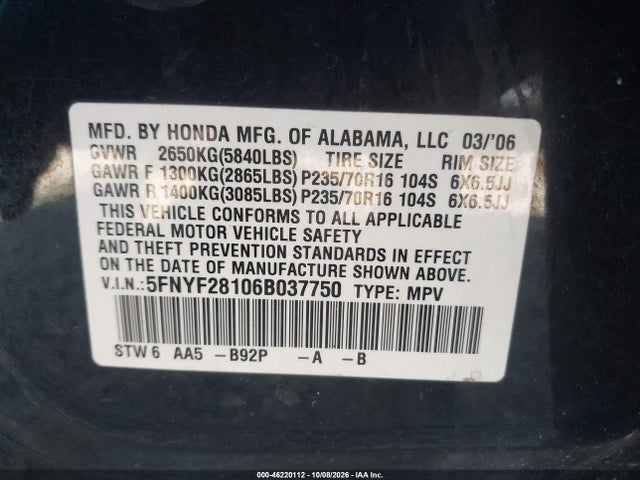 Продажа на аукционе авто 2006 Honda Pilot Lx, vin: 5FNYF28106B037750, номер лота: 46220112