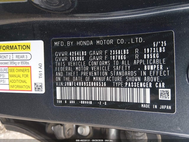 Продаж на аукціоні авто 2025 Honda Civic Hybrid Sport, vin: JHMFL4H89SX006536, номер лоту: 46220131