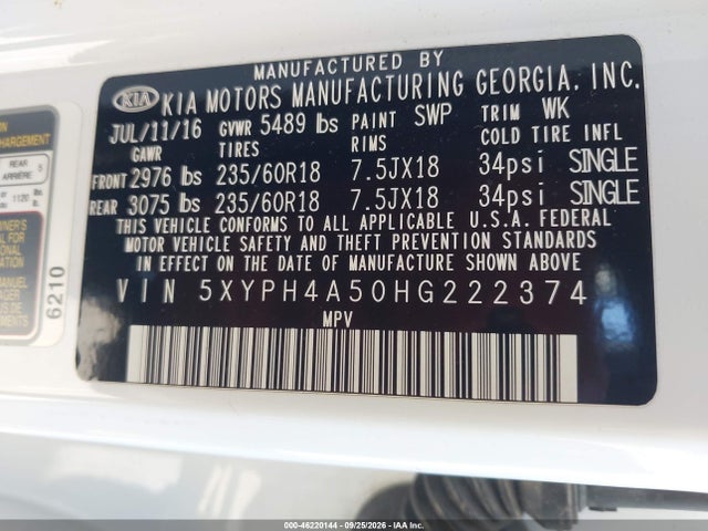 KIA Sorento 3.3l Ex 2017 5XYPH4A50HG222374 Image 9