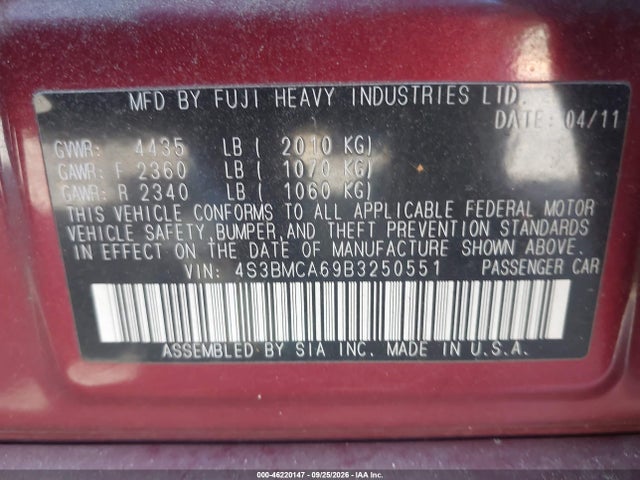 2011 Subaru Legacy 2.5i მანქანა იყიდება აუქციონზე, vin: 4S3BMCA69B3250551, აუქციონის ნომერი: 46220147