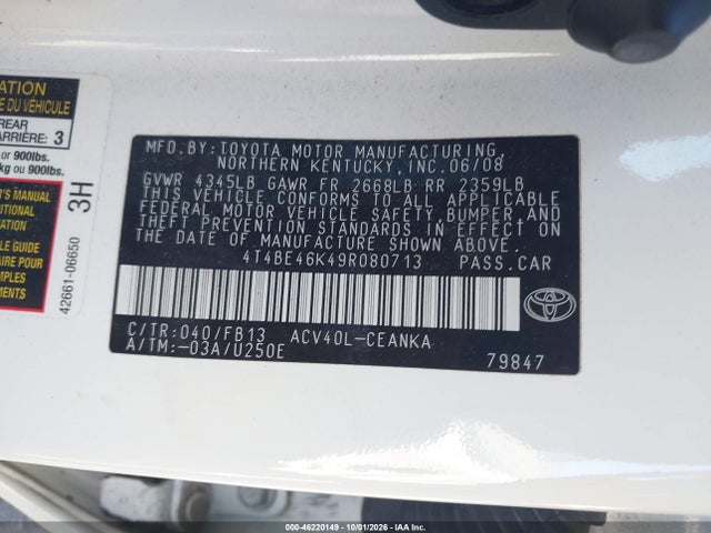 2009 Toyota Camry Le მანქანა იყიდება აუქციონზე, vin: 4T4BE46K49R080713, აუქციონის ნომერი: 46220149