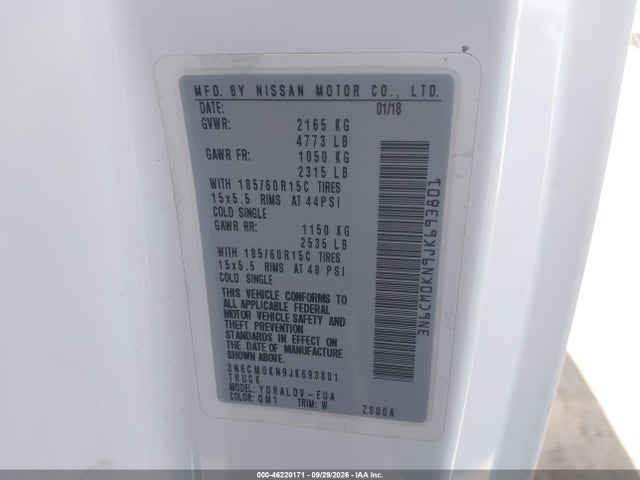 Продаж на аукціоні авто 2018 Nissan Nv200 S, vin: 3N6CM0KN9JK693801, номер лоту: 46220171