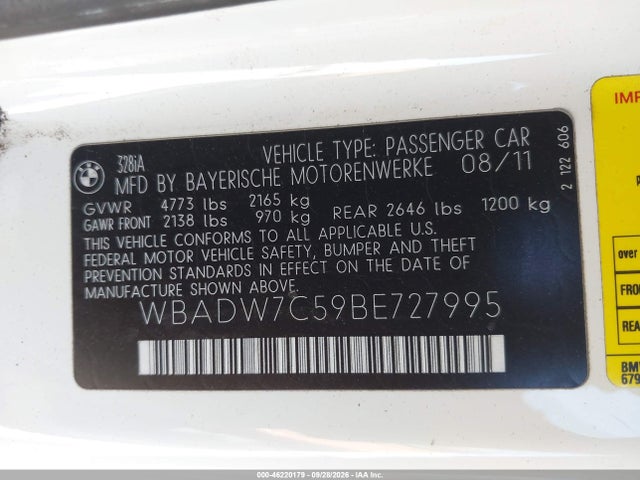 Продаж на аукціоні авто 2011 Bmw 328i, vin: WBADW7C59BE727995, номер лоту: 46220179
