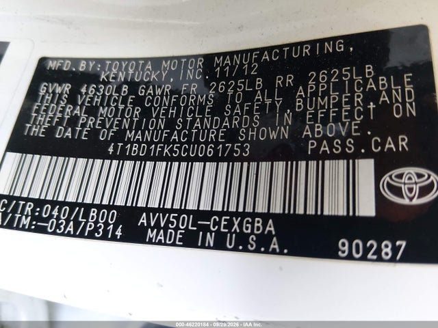 46220184 :رقم المزاد ، 4T1BD1FK5CU061753 vin ، 2012 Toyota Camry Hybrid Xle مزاد بيع