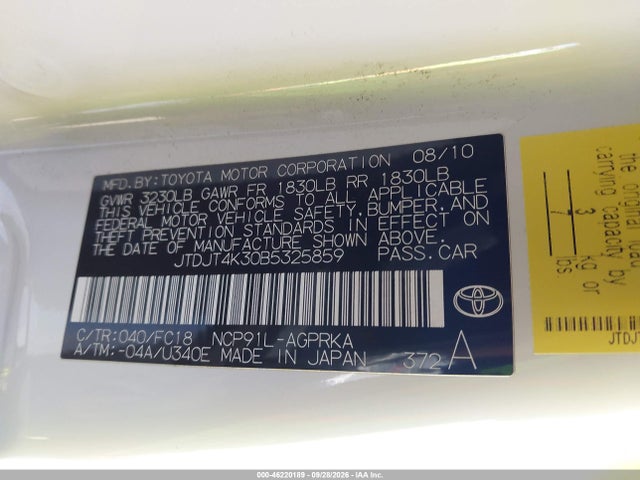 Aukcja sprzedaży 2011 Toyota Yaris, vin: JTDJT4K30B5325859, numer aukcji: 46220189