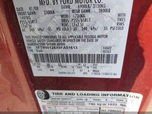 Продажа на аукционе авто 2009 Ford F-150 Xl/xlt, vin: 1FTRW128X9FA51613, номер лота: 46220198