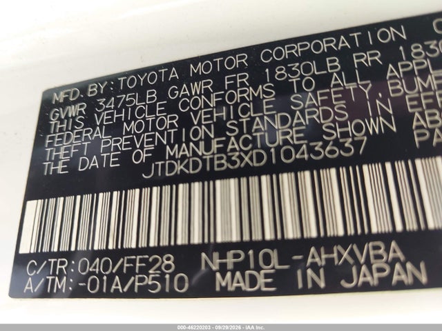 2013 Toyota Prius C Two მანქანა იყიდება აუქციონზე, vin: JTDKDTB3XD1043637, აუქციონის ნომერი: 46220203