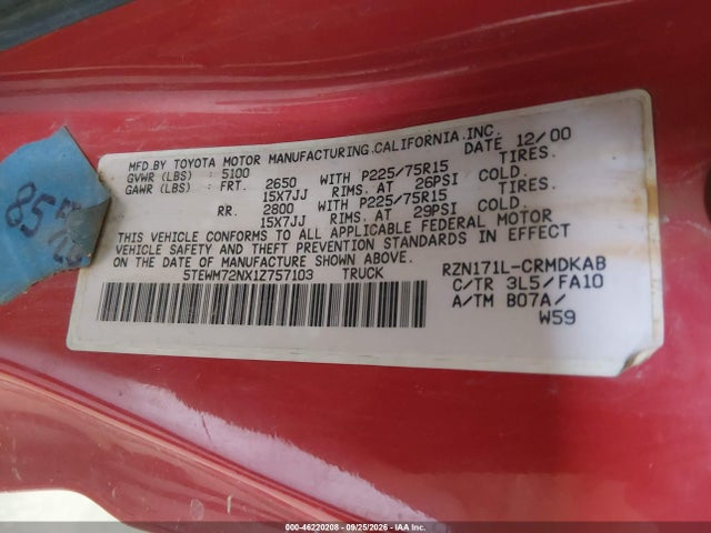 Aukcja sprzedaży 2001 Toyota Tacoma, vin: 5TEWM72NX1Z757103, numer aukcji: 46220208