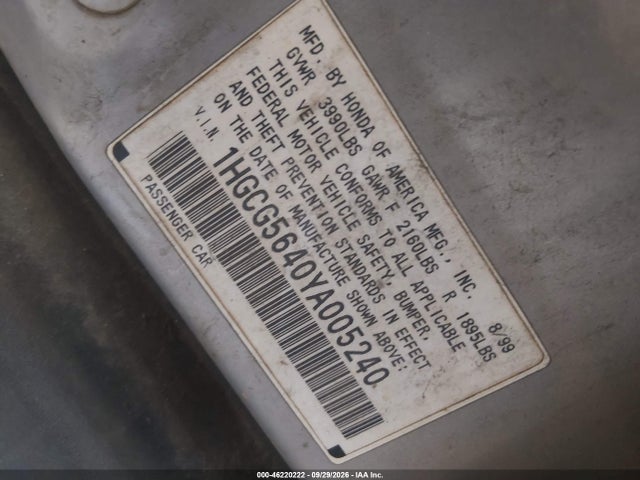 46220222 :رقم المزاد ، 1HGCG5640YA005240 vin ، 2000 Honda Accord 2.3 Lx مزاد بيع